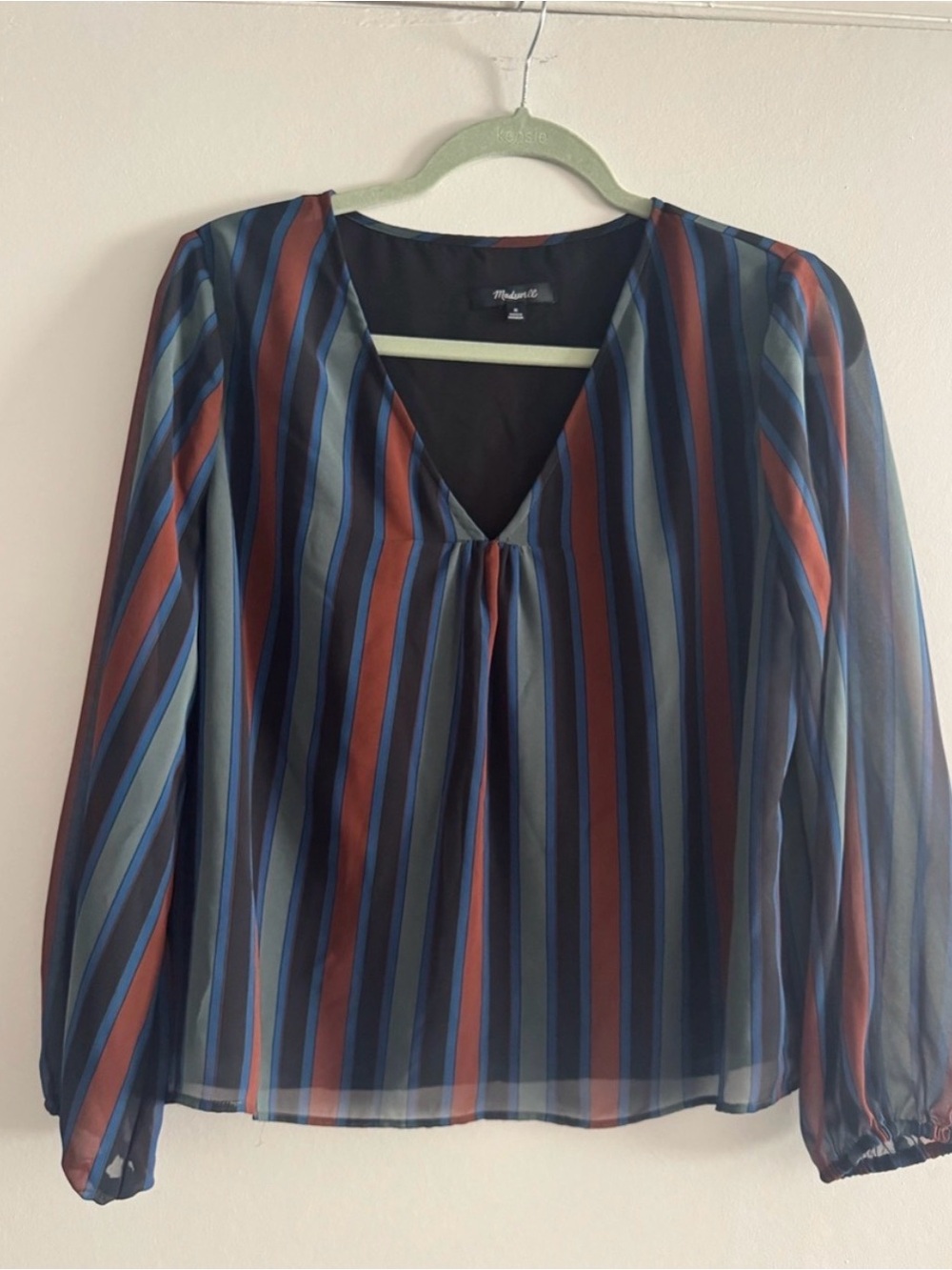 Madewell Multicolor Striped Tie-Front Blouse – Blue, Rust & Sage – Size M
